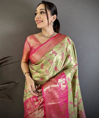 pista green-pink color kanjivaram silk blend zari woven sarees 4