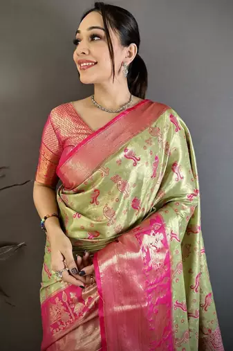 pista green-pink color kanjivaram silk blend zari woven sarees