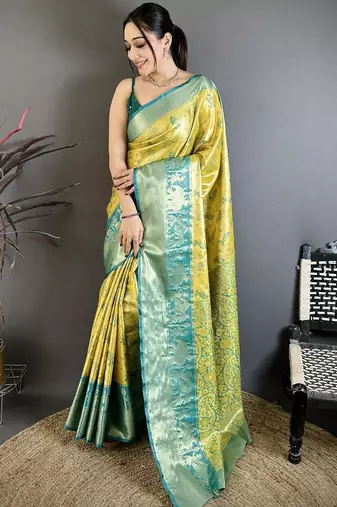 yellow-green color kanjivaram silk blend zari woven sarees
