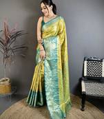 yellow-green color kanjivaram silk blend zari woven sarees