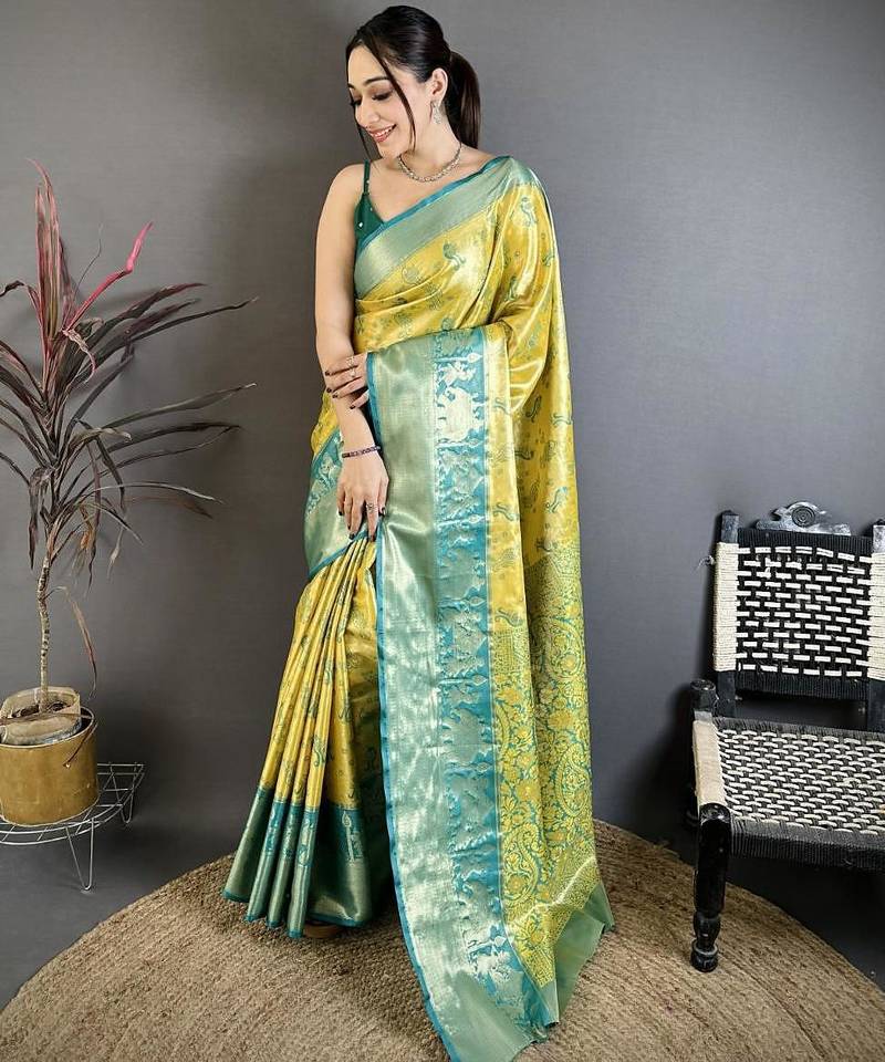 yellow-green color kanjivaram silk blend zari woven sarees
