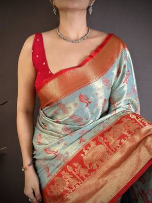 skyblue-red color kanjivaram silk blend zari woven sarees 3