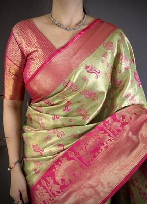 pista green-pink color kanjivaram silk blend zari woven sarees 5