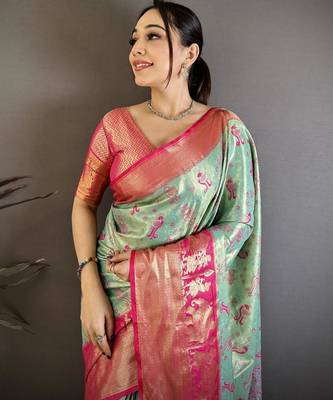 skyblue-pink color kanjivaram silk blend zari woven sarees 4