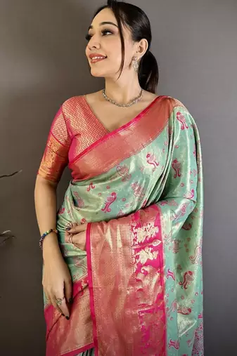 skyblue-pink color kanjivaram silk blend zari woven sarees