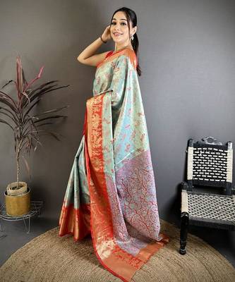 skyblue-red color kanjivaram silk blend zari woven sarees 4