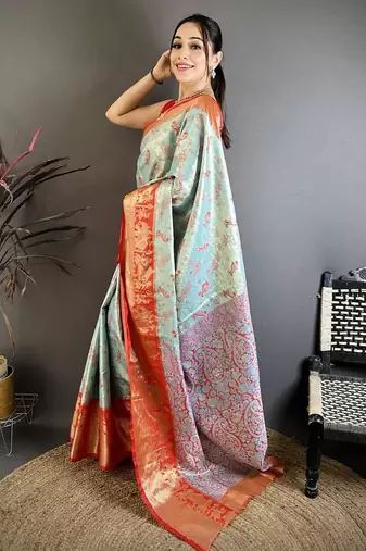 skyblue-red color kanjivaram silk blend zari woven sarees
