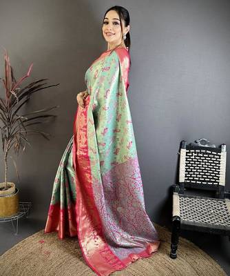skyblue-pink color kanjivaram silk blend zari woven sarees 5