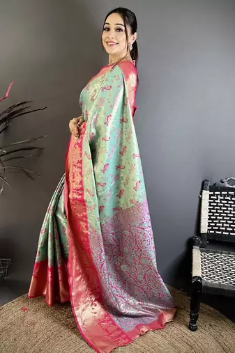 skyblue-pink color kanjivaram silk blend zari woven sarees