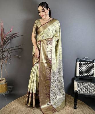 chiku-brown color kanjivaram silk blend zari woven sarees 1