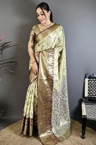 chiku-brown color kanjivaram silk blend zari woven sarees