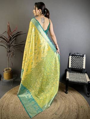 yellow-green color kanjivaram silk blend zari woven sarees 2