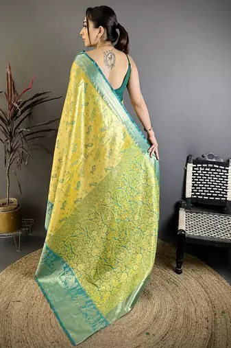yellow-green color kanjivaram silk blend zari woven sarees