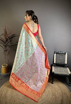 skyblue-red color kanjivaram silk blend zari woven sarees 5
