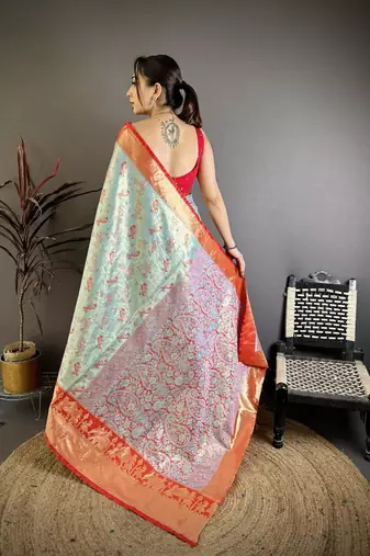 skyblue-red color kanjivaram silk blend zari woven sarees