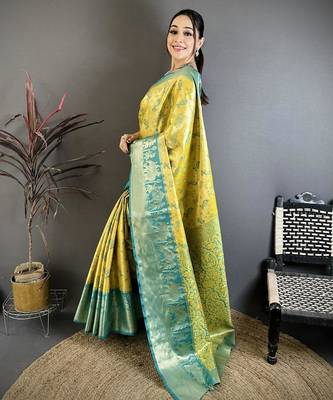 yellow-green color kanjivaram silk blend zari woven sarees 3