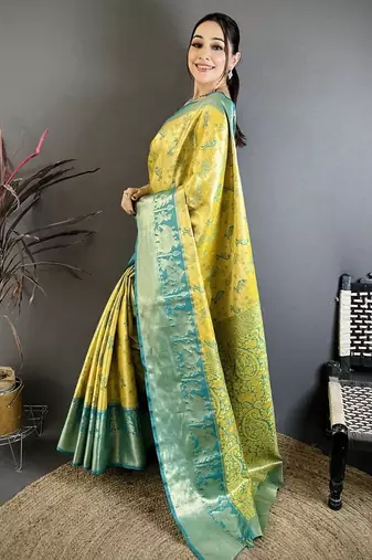 yellow-green color kanjivaram silk blend zari woven sarees
