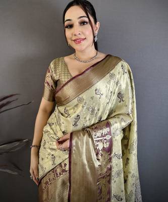 chiku-brown color kanjivaram silk blend zari woven sarees 2