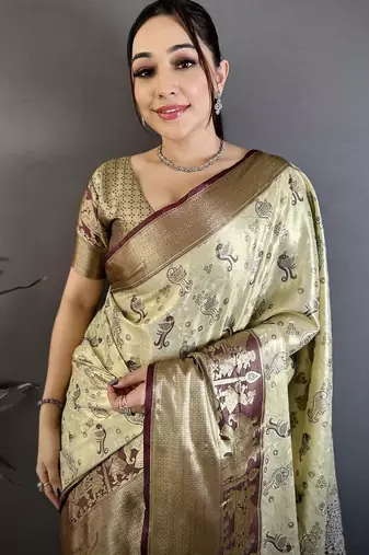 chiku-brown color kanjivaram silk blend zari woven sarees