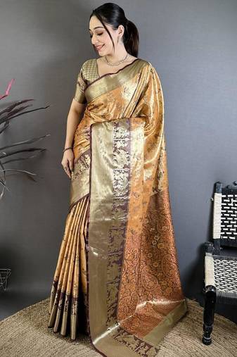 dark mustard-brown color kanjivaram silk blend zari woven sarees