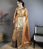 dark mustard-brown color kanjivaram silk blend zari woven sarees