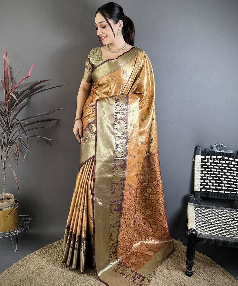 dark mustard-brown color kanjivaram silk blend zari woven sarees