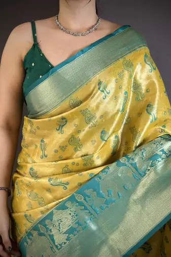 yellow-green color kanjivaram silk blend zari woven sarees