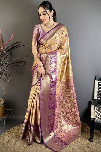 mustard-purple color kanjivaram silk blend zari woven sarees