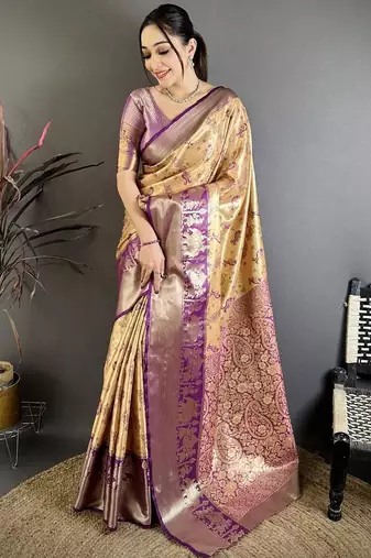 mustard-purple color kanjivaram silk blend zari woven sarees
