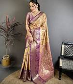 mustard-purple color kanjivaram silk blend zari woven sarees