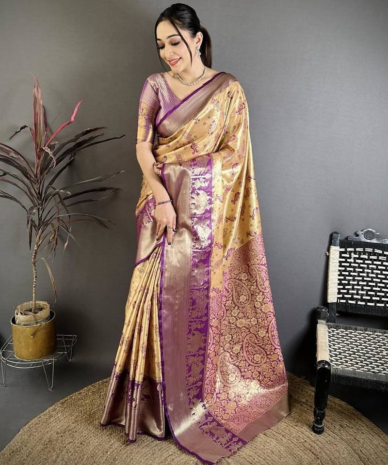 mustard-purple color kanjivaram silk blend zari woven sarees