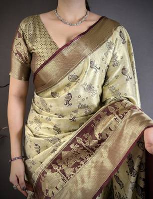 chiku-brown color kanjivaram silk blend zari woven sarees 5