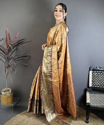 dark mustard-brown color kanjivaram silk blend zari woven sarees 3