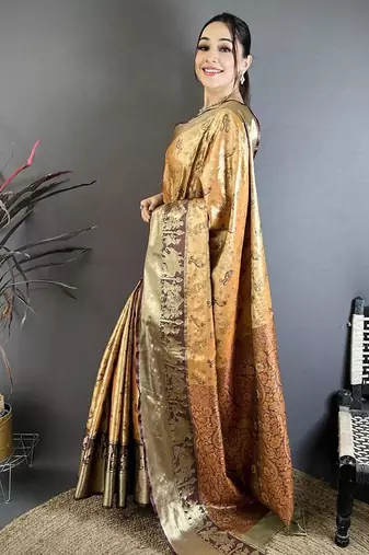 dark mustard-brown color kanjivaram silk blend zari woven sarees