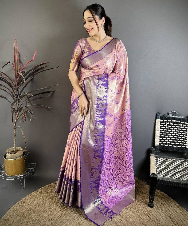 pink-blue color kanjivaram silk blend zari woven sarees