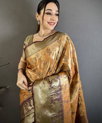 dark mustard-brown color kanjivaram silk blend zari woven sarees 4