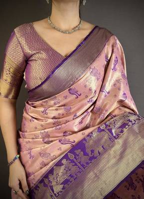 pink-blue color kanjivaram silk blend zari woven sarees 2