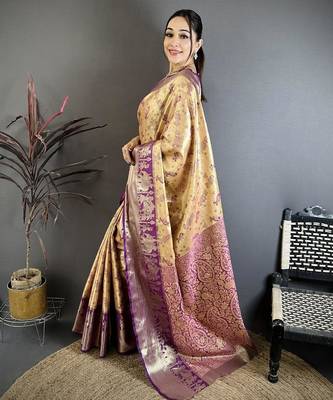 mustard-purple color kanjivaram silk blend zari woven sarees 3