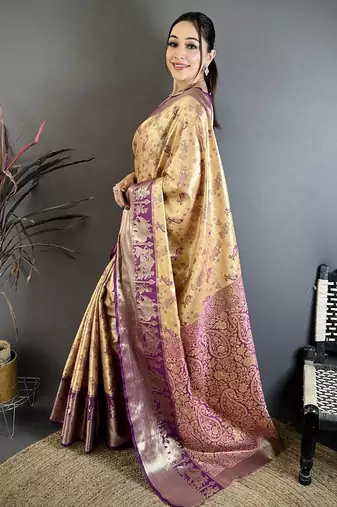 mustard-purple color kanjivaram silk blend zari woven sarees