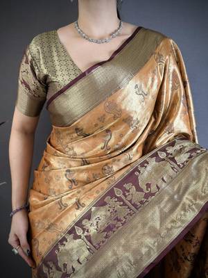 dark mustard-brown color kanjivaram silk blend zari woven sarees 5