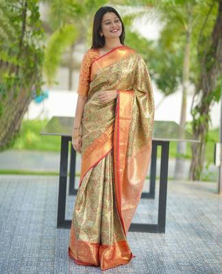 beige color kanjivaram silk blend zari weaving saree with blouse  1