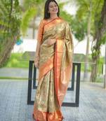 beige color kanjivaram silk blend zari weaving saree with blouse 