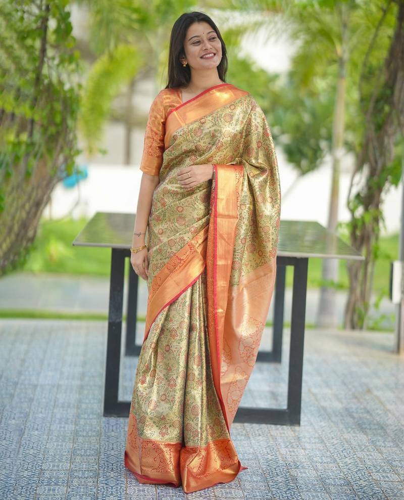 beige color kanjivaram silk blend zari weaving saree with blouse 