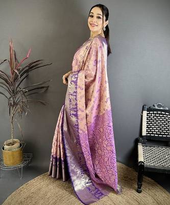 pink-blue color kanjivaram silk blend zari woven sarees 3