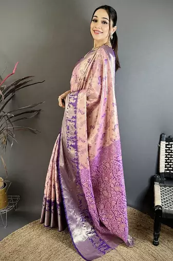 pink-blue color kanjivaram silk blend zari woven sarees