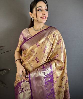 mustard-purple color kanjivaram silk blend zari woven sarees 4
