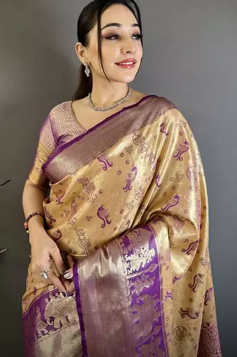 mustard-purple color kanjivaram silk blend zari woven sarees