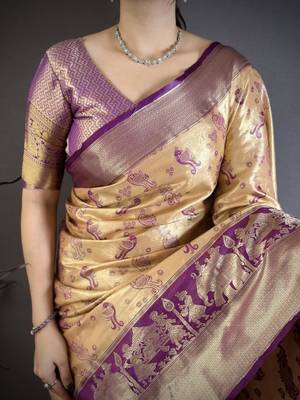 mustard-purple color kanjivaram silk blend zari woven sarees 5