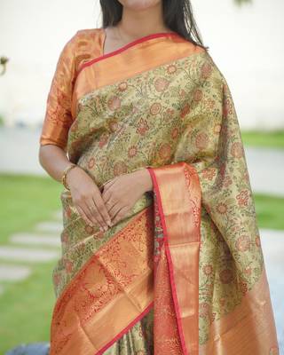 beige color kanjivaram silk blend zari weaving saree with blouse  2