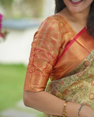 beige color kanjivaram silk blend zari weaving saree with blouse  3
